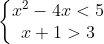 \left\{\begin{matrix} x^2-4x<5\\ x+1>3 \end{matrix}\right.